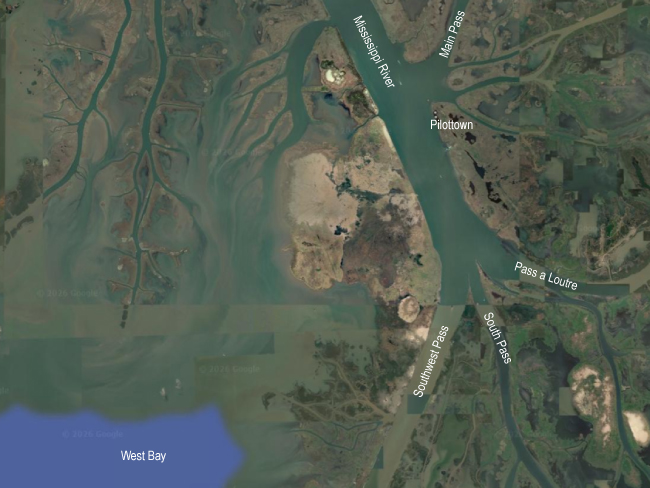 Satellite image of the Mississippi River Delta near Pilottown, Louisiana, showing the Mississippi River and surrounding wetlands and waterways. Labels identify West Bay, Main Pass, Pass a Loutre, Southwest Pass, and South Pass.